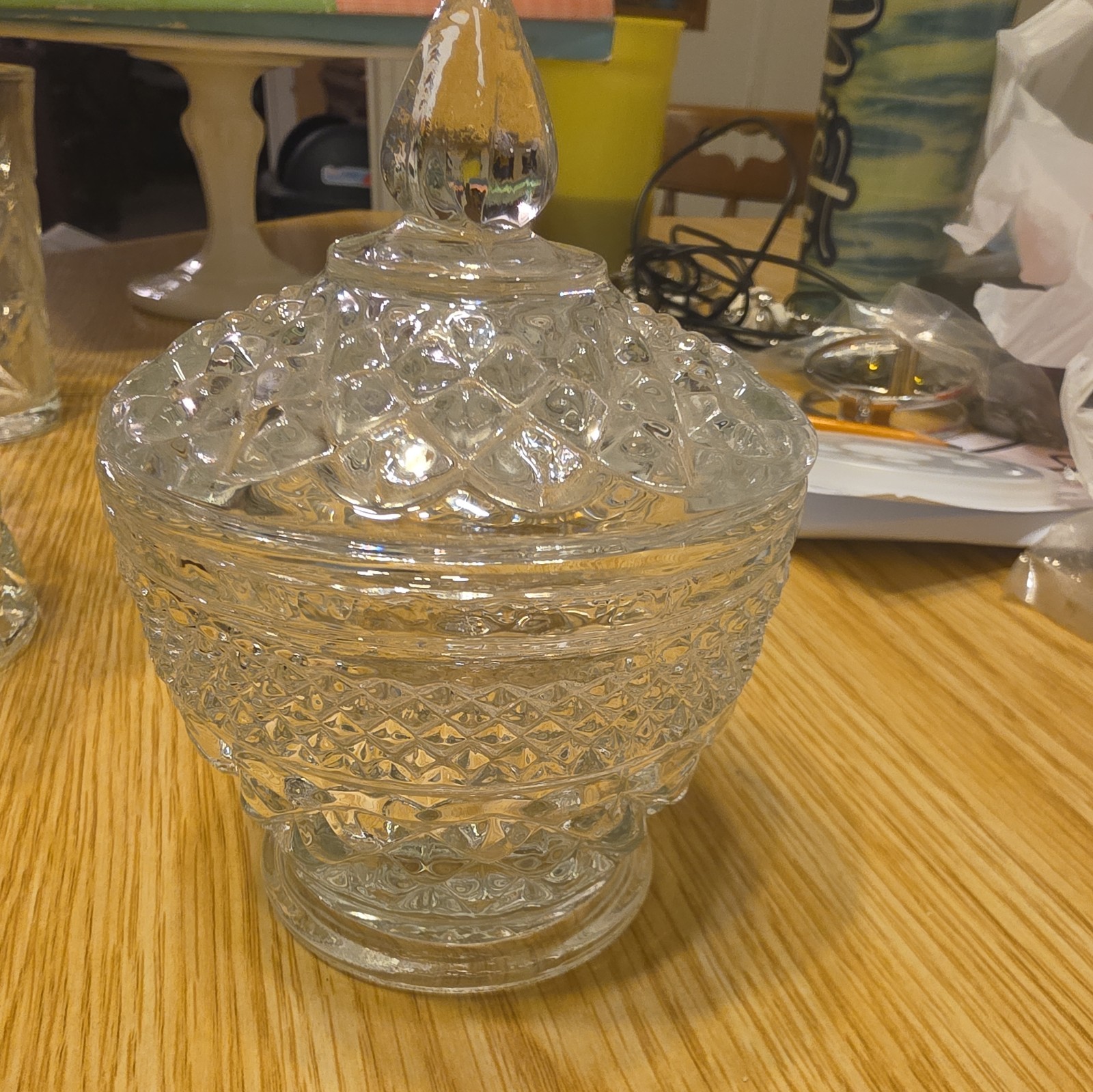 Anchor Hocking Wexford Clear Glass Sugar Bowl with Lid Vintage Diamond Pattern