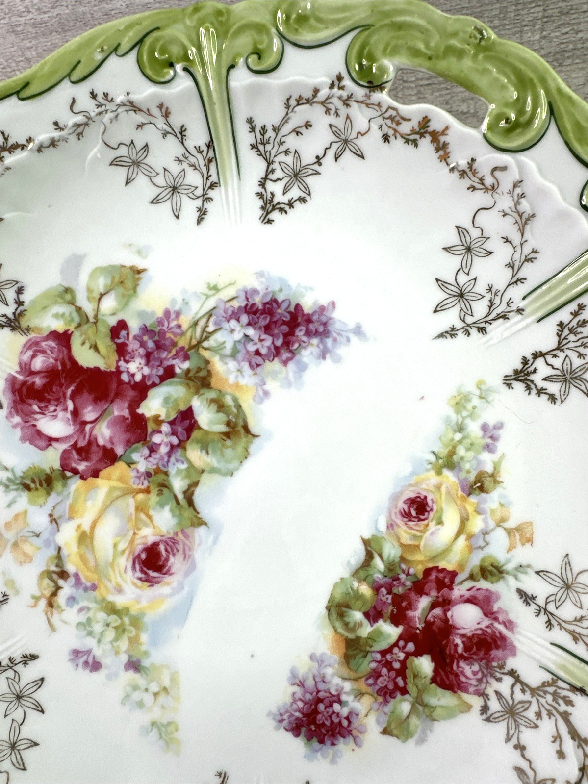 Antique 10″ Dinner Luncheon Plate Yellow & Red Roses Gold Accents