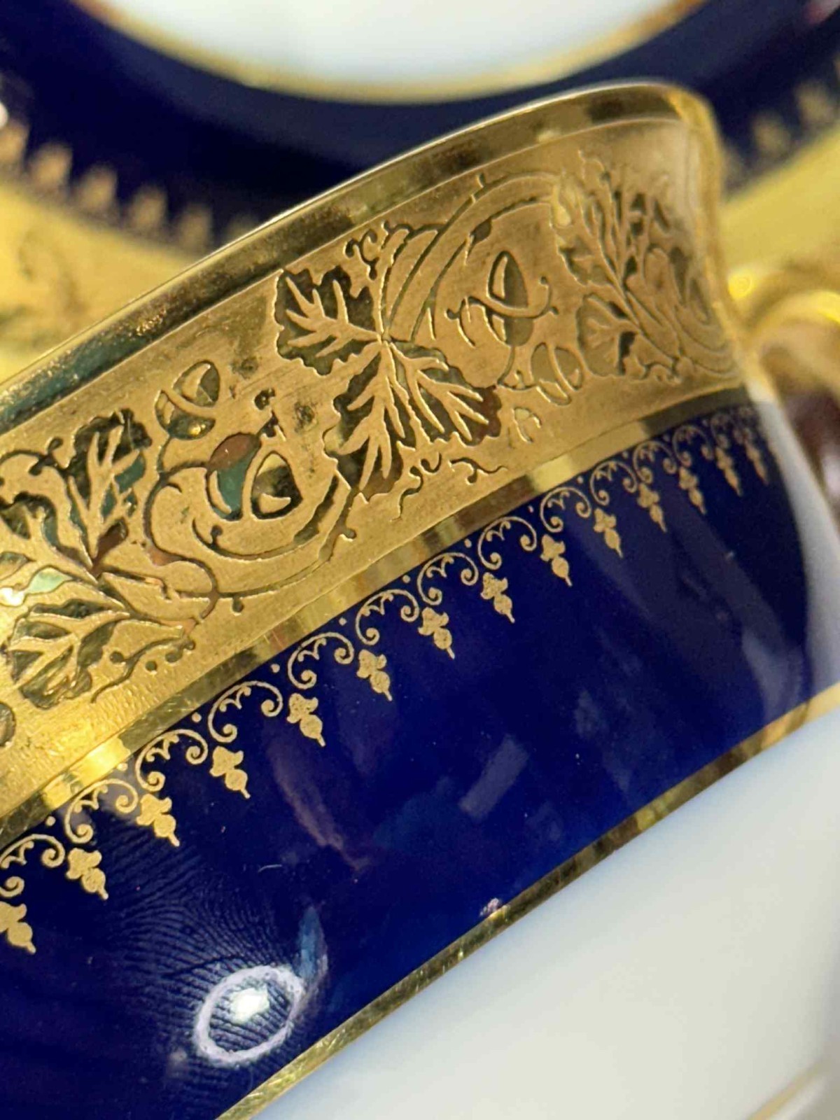 Antique P. Porschaud Limoges France Consommé Cup & Saucer Cobalt Blue Heavy Gilt
