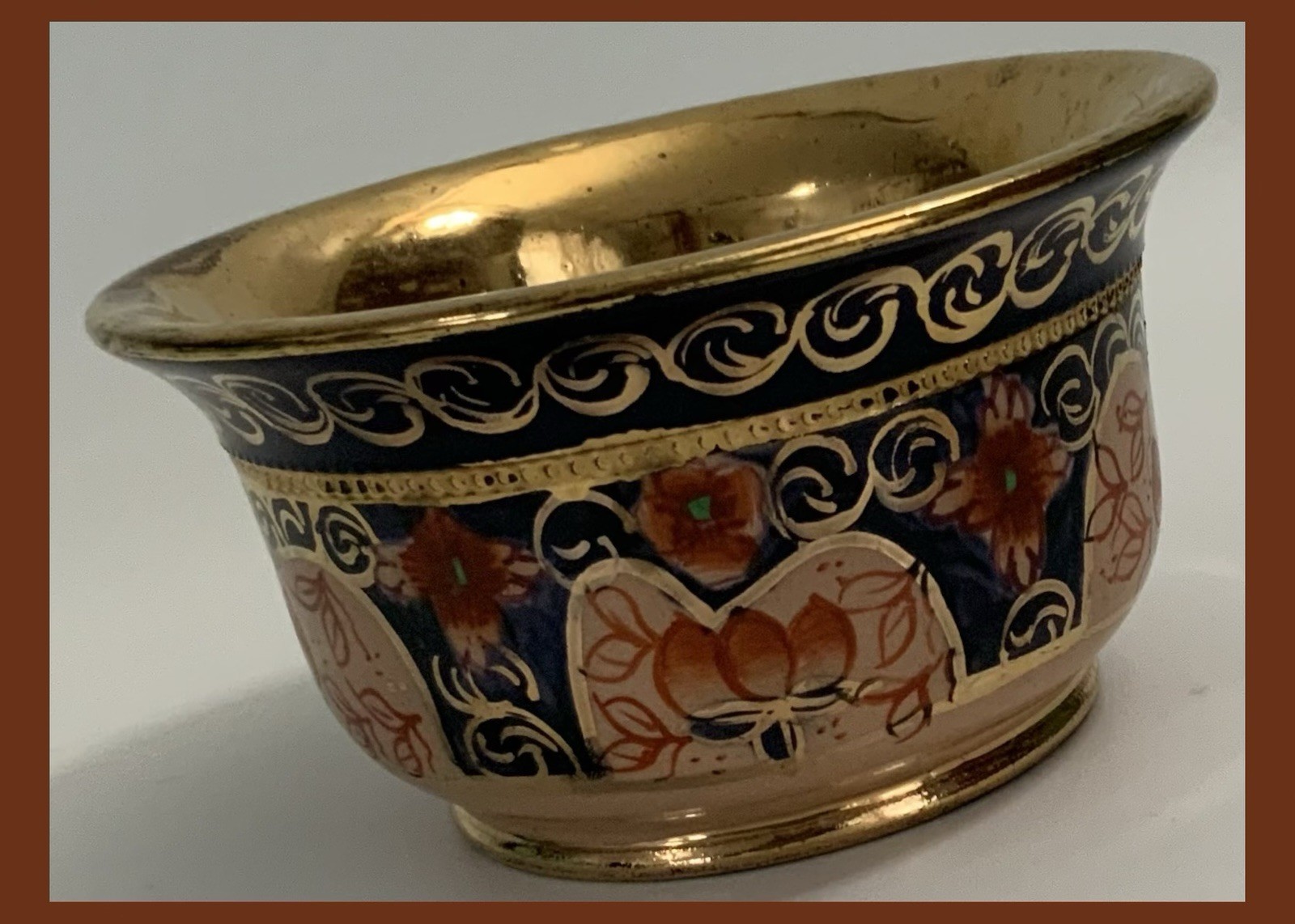 Vtg Copper Lusterware Bowl – 5” x 2¾” – Peach/Gold/Dark Blue/Rust Floral