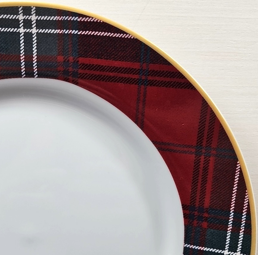 4) Williams Sonoma Gold Banded Tartan Dinner Plates Set Plaid Serving Dishes Lot