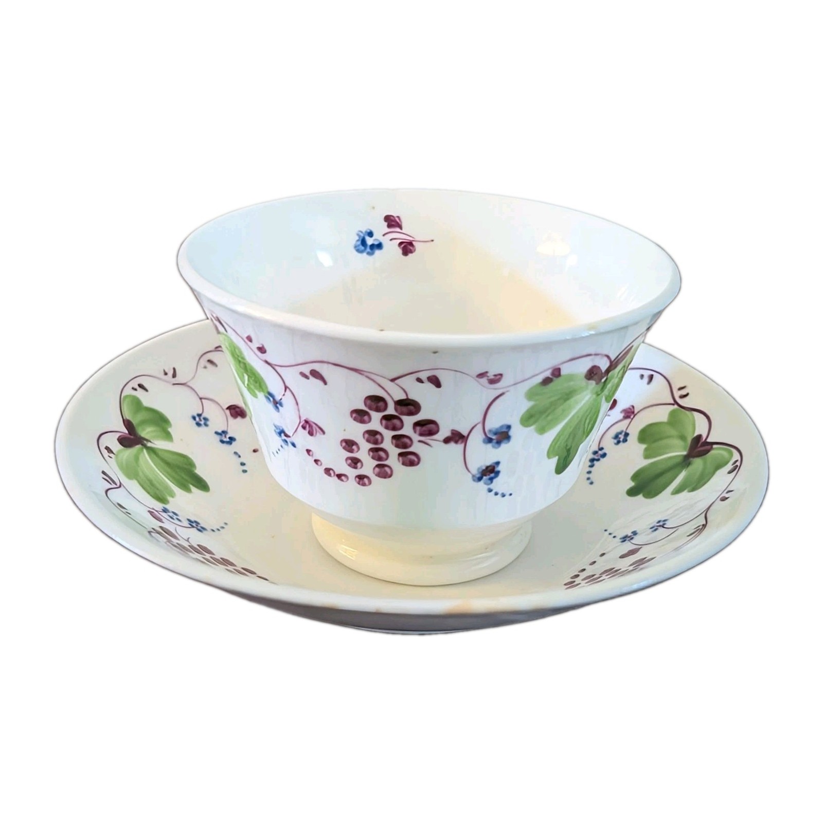 Antique 1830s Handpainted Porcelain Handless Cup & Saucer ~ Grape & Vine