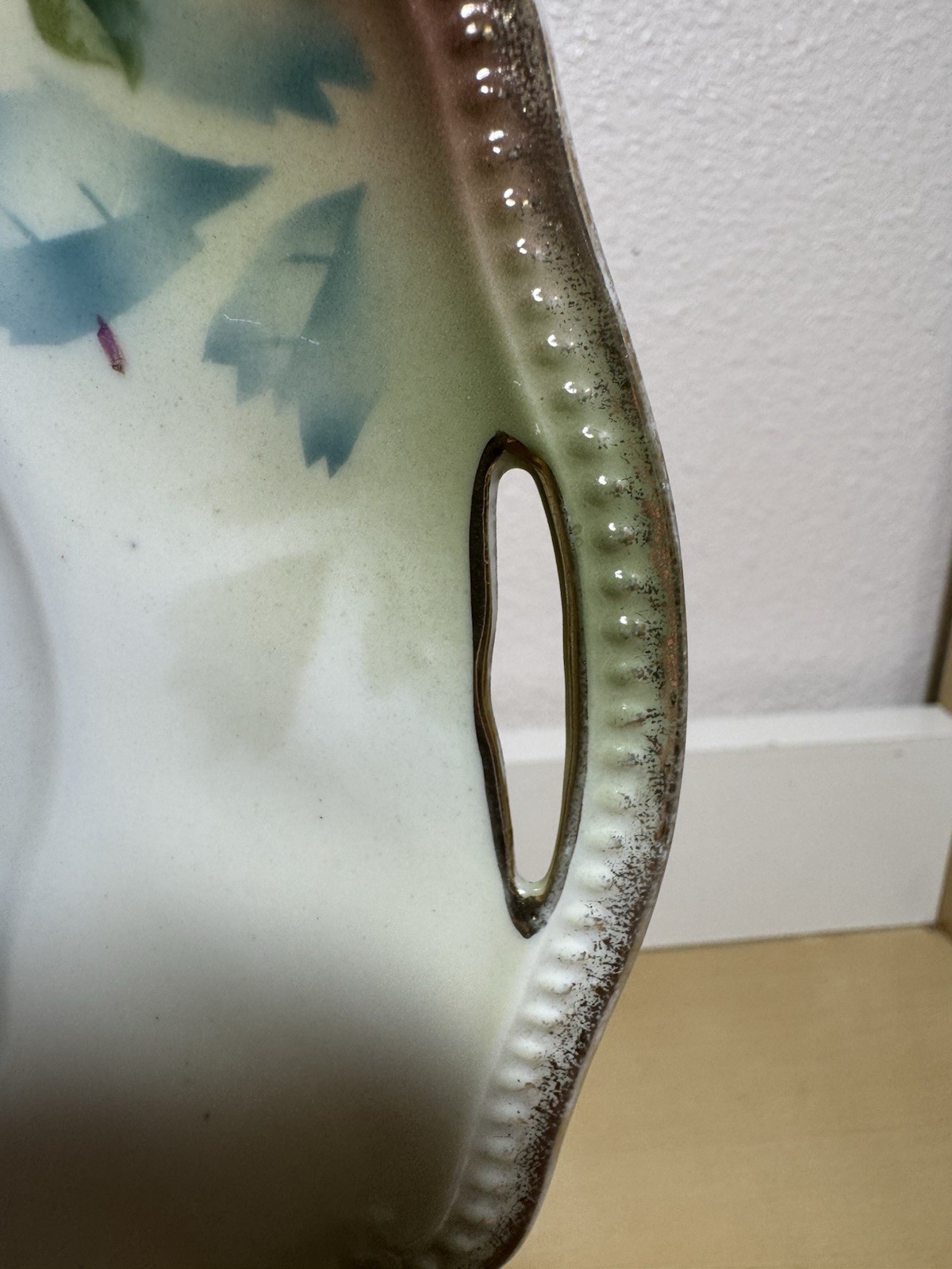 RS Prussia Handled Cake Plate Pierced Handles Scalloped Edge Beaded Trim