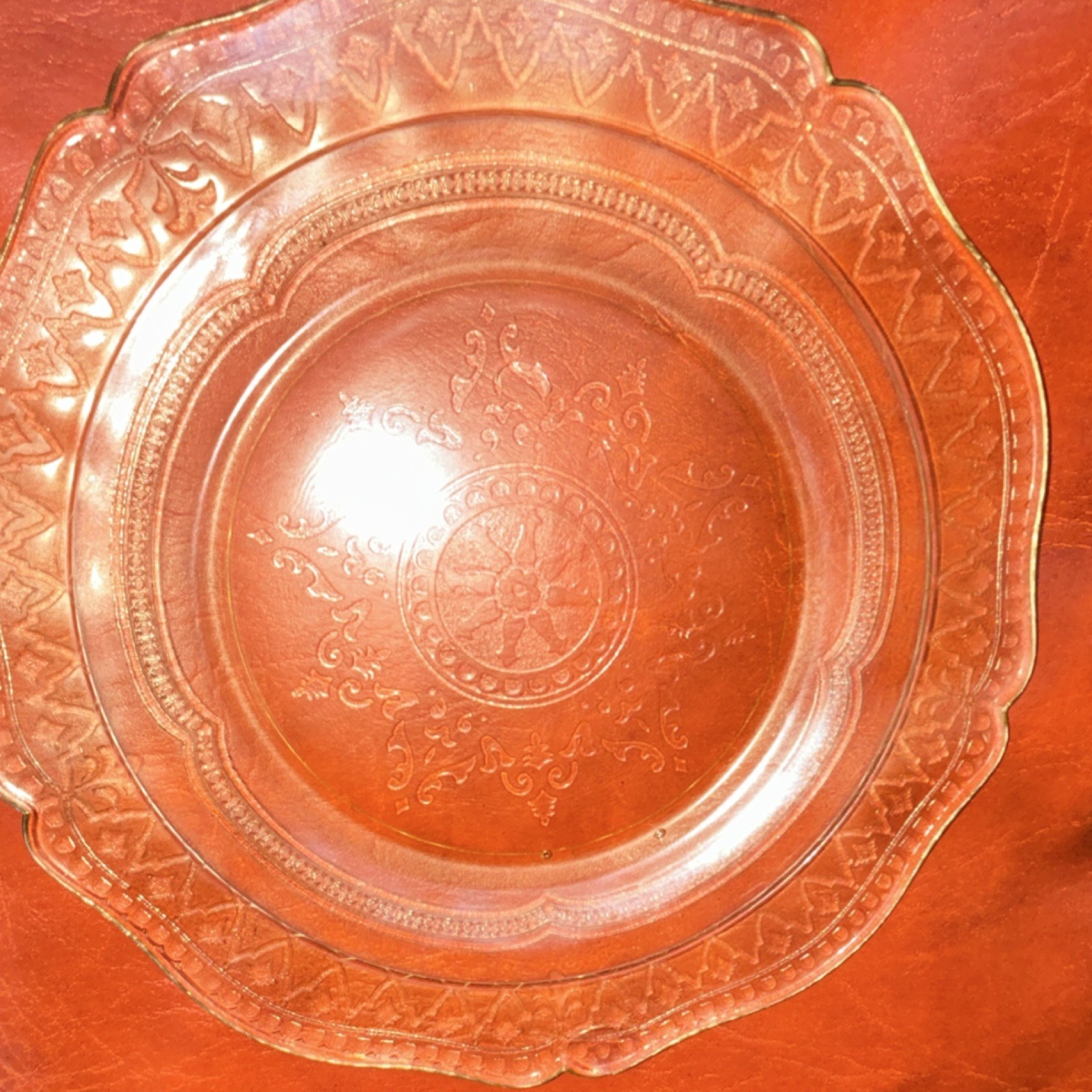 Clear Pressed Glass Floral Round Plate, Embossed Center, Scalloped Rim