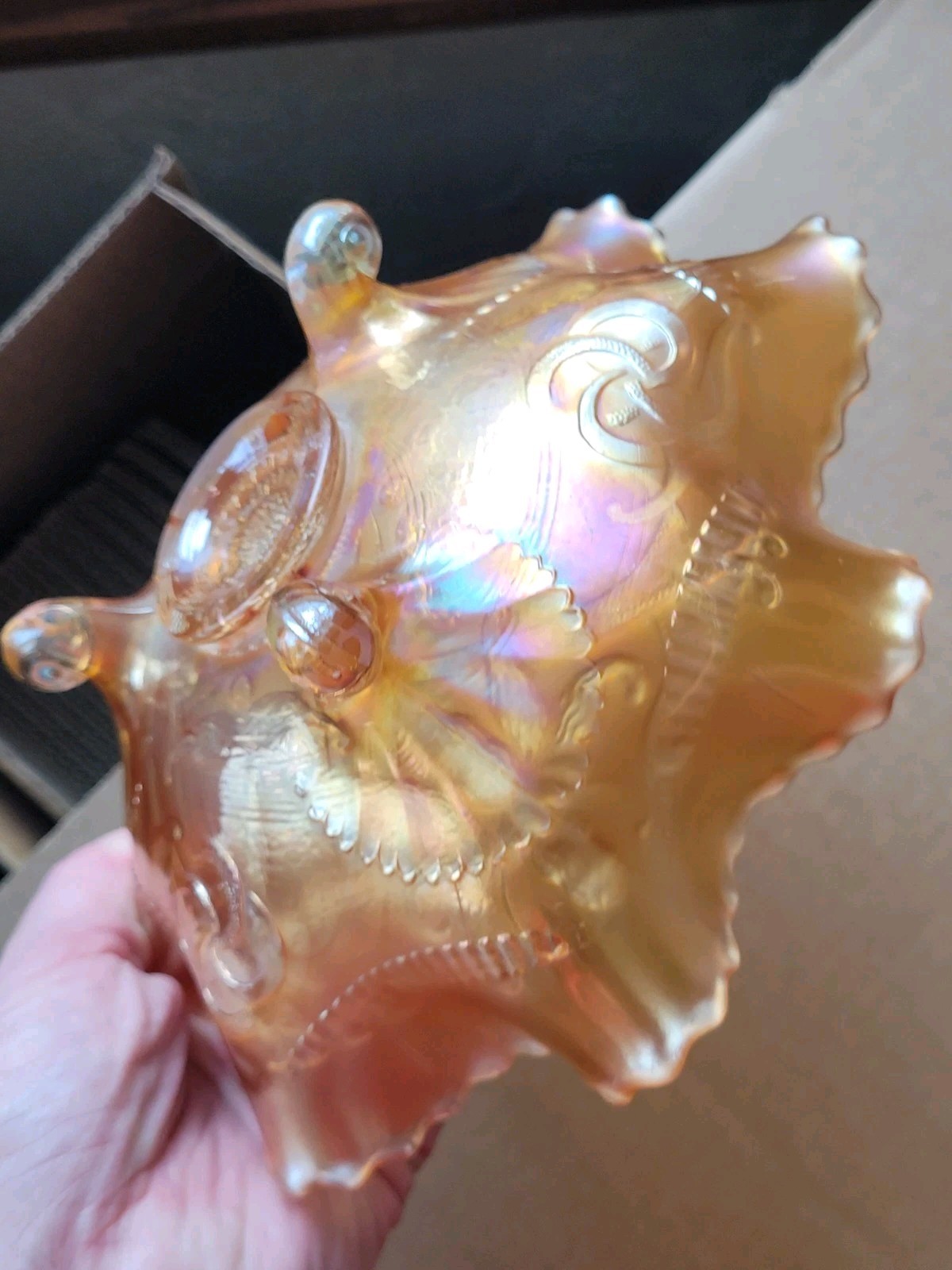 Pretty Marigold Northwood Carnival Glass Wishbone Bowl Ruffles n Rings EX.