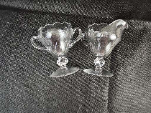 Footed Glass Creamer and Sugar Bowl Clear Glass with Scalloped Edge And Handles