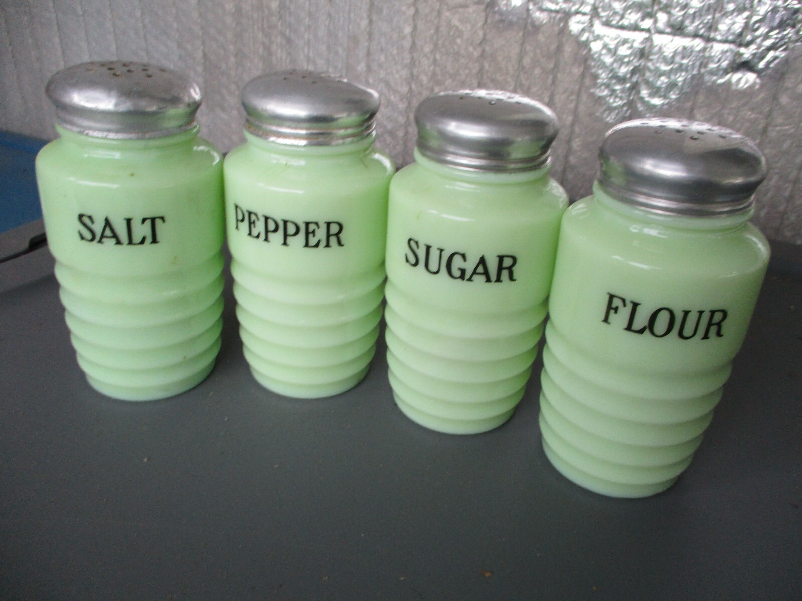 JEANNETTE VINTAGE JADEITE GREEN SALT PEPPER SUGAR FLOUR.