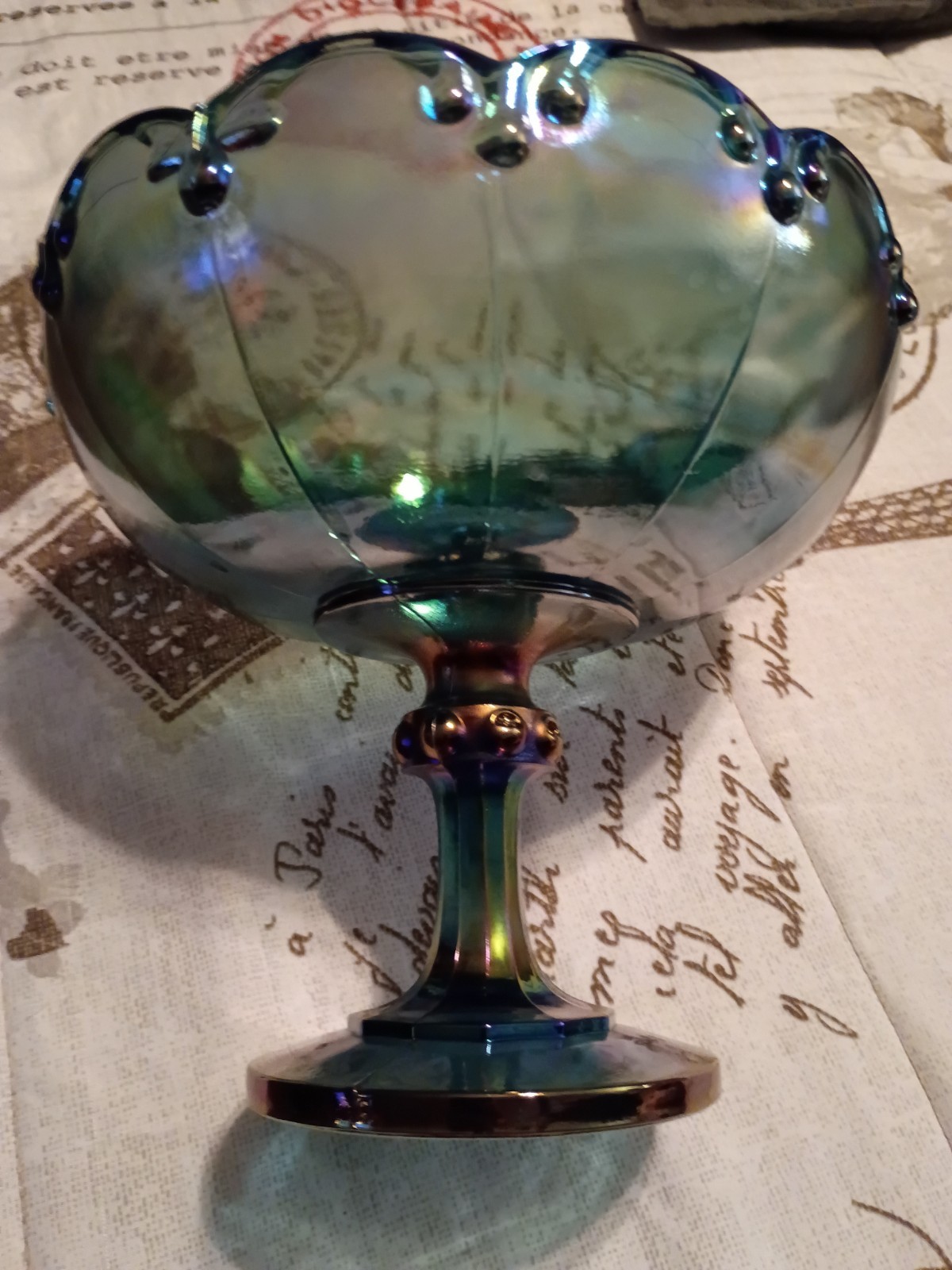 1970s Indiana Glass Iridescent Blue Carnival Glass Pedestal Compote/ Candy Bowl