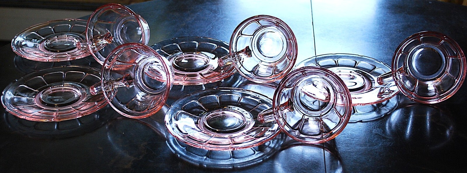 Vtg Set 5 ‘VICTORY’ PINK DEPRESSION GLASS Cups/Matching Saucers c1930 By Diamond