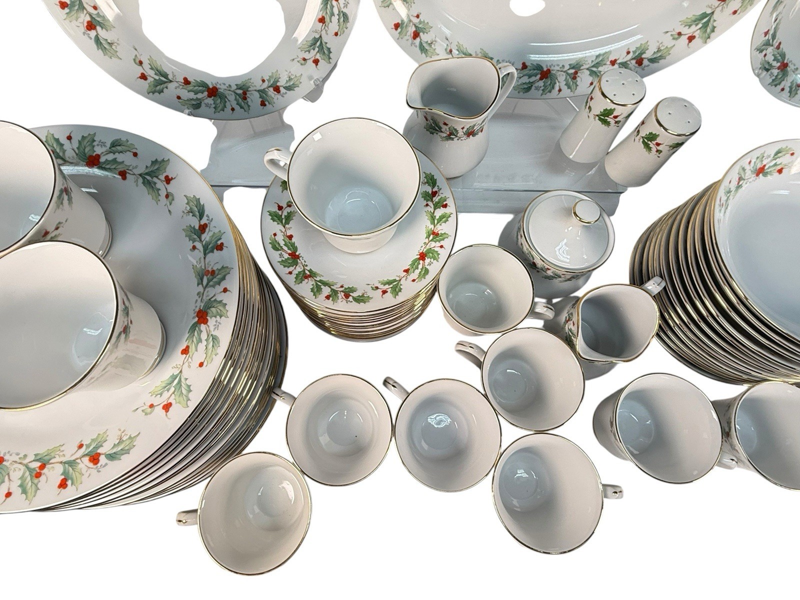 82pc China Pearl NOEL Christmas Dinnerware Set Service for 16 Muted Black Stamp
