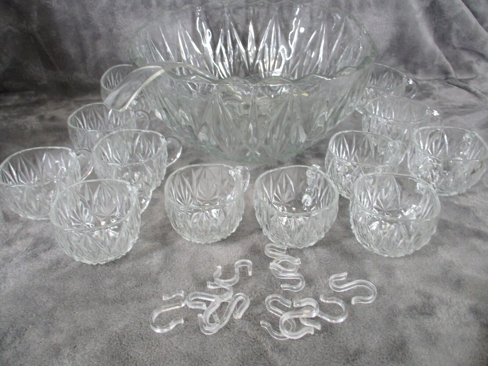 Hazel Atlas William Sport Punch Bowl Cups Hooks Set Square Crystal Cut 25 Piece
