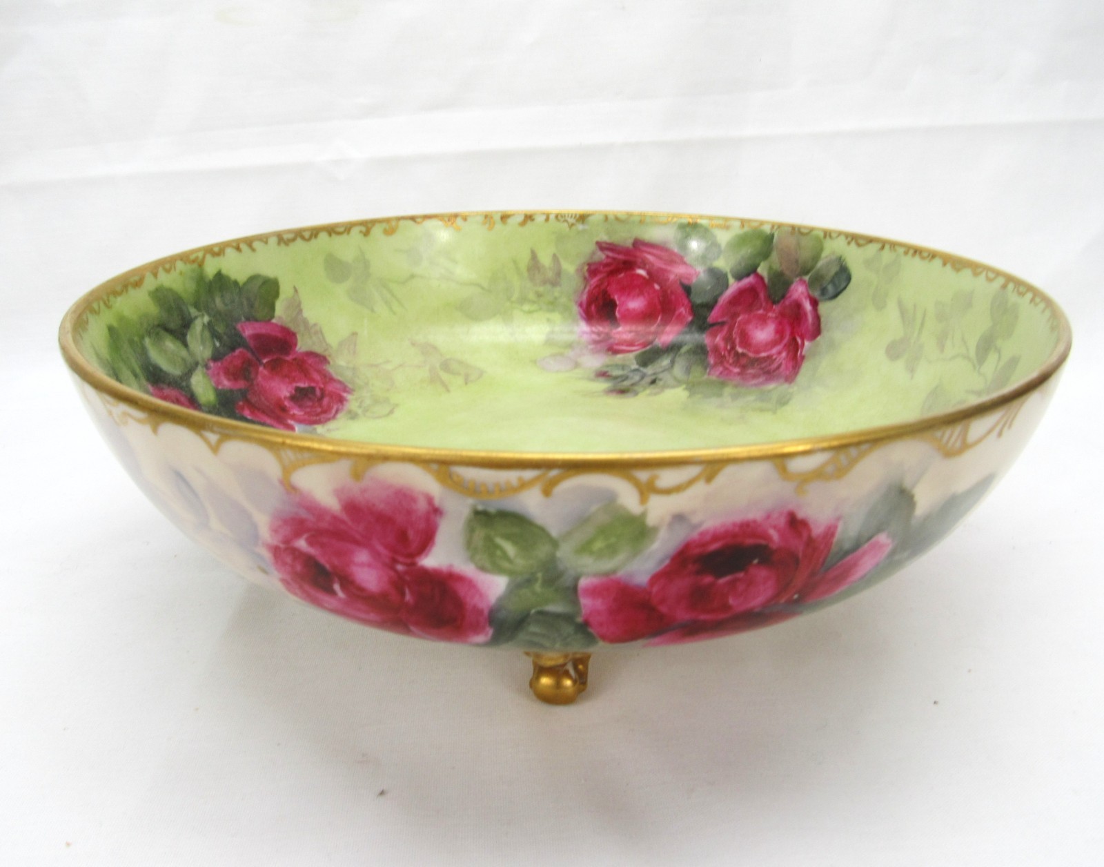 Antique Hand Painted tri Footed Bowl red roses with orated Gold Trim 9″