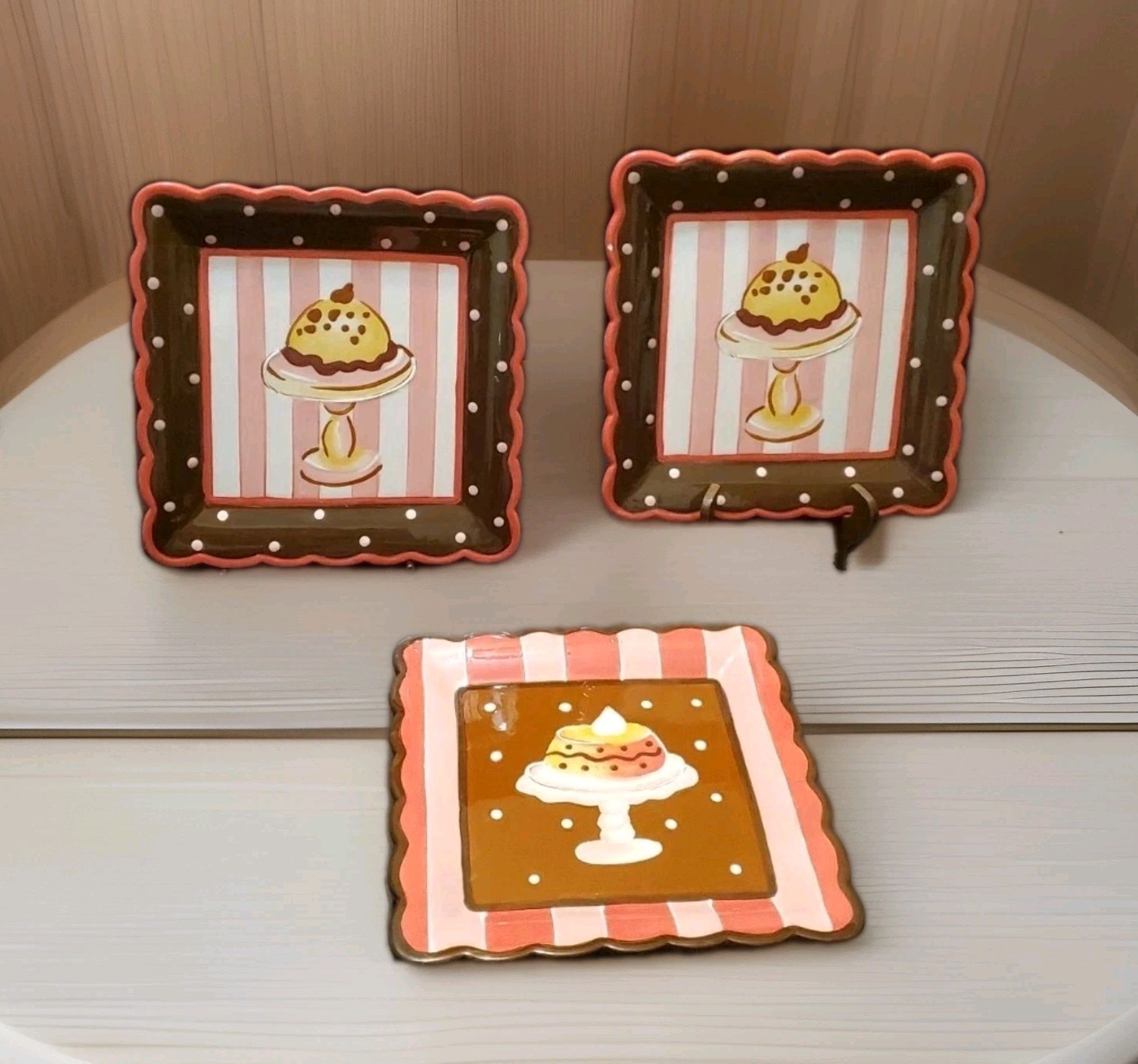Dessert Cake Cupcakes Plates Square 8″ Stripes Dots Wall Decor Plate Set of 3
