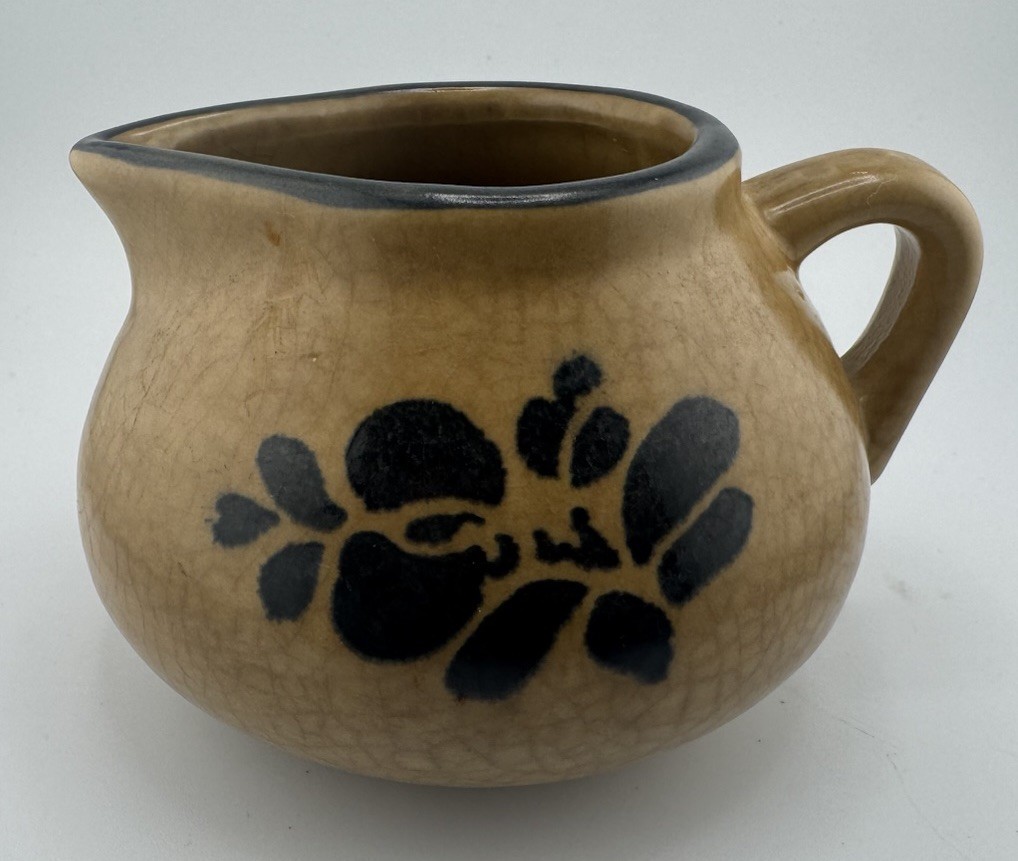 Vintage Pottery Cream Pitcher Brown Black Floral Stoneware Creamer 4” Tall