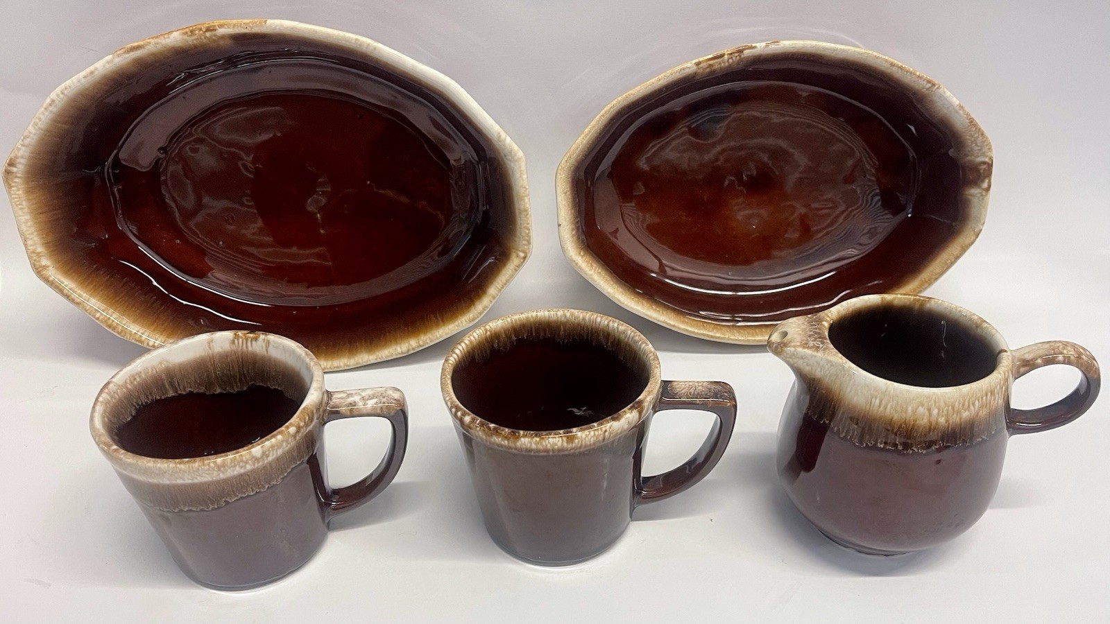 Vintage MCM Brown Drip Glaze Pottery Set Mugs Bowls Creamer USA Oven Proof