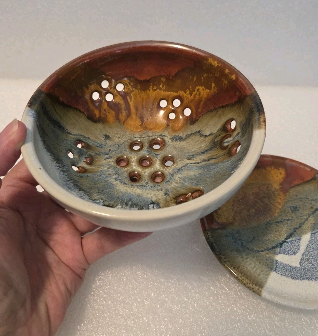 Hand Thrown Pottery Earth Tones Colander Berry Bowl Strainer & Under Plate 5.5″