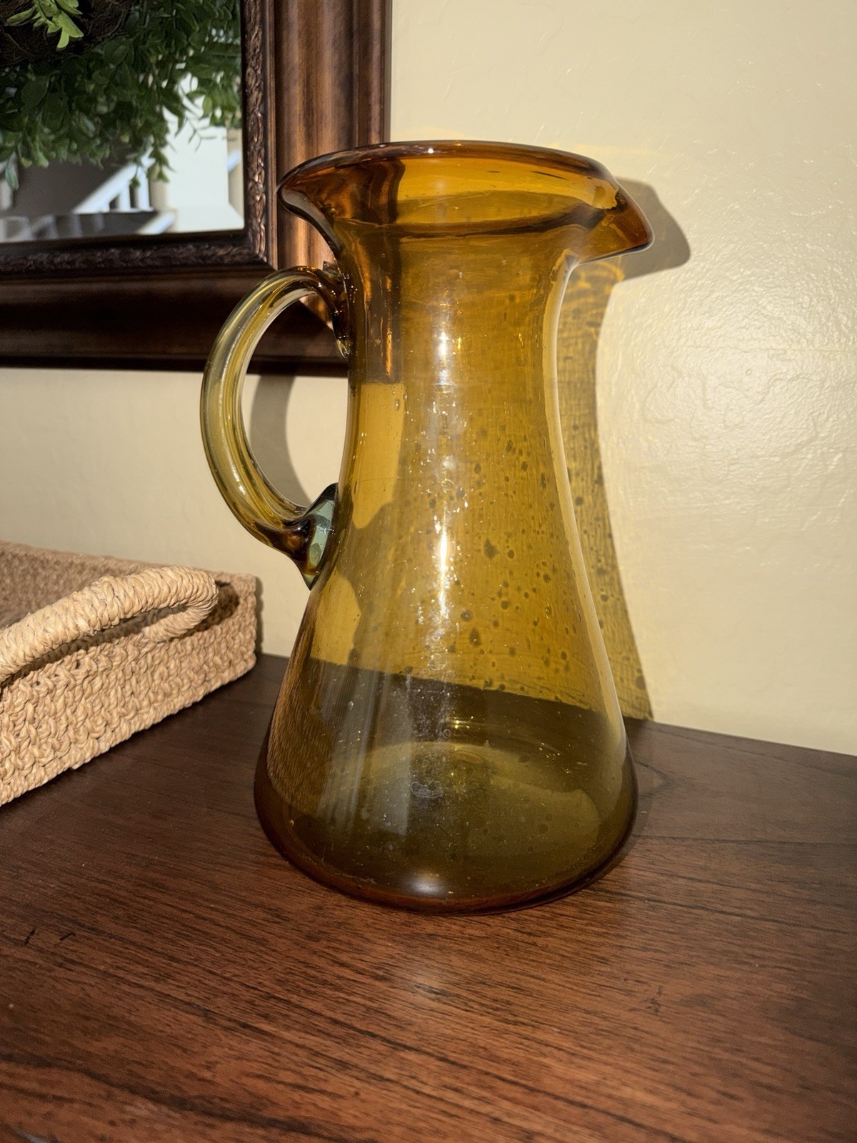 Vintage MCM Blenko Art Amber Glass Pitcher – Hand-Blown – Large Size 10 “