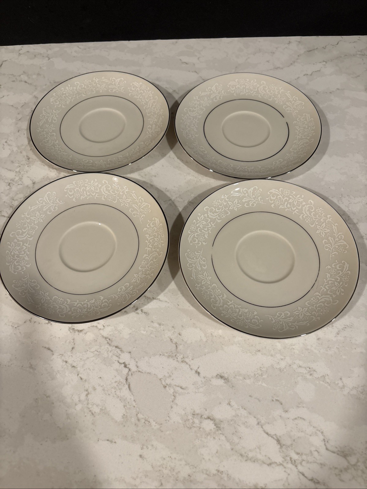 VNTG Ivory Fantasy Japan 8 Saucers Embossed Floral Platinum Trim Japan 60-70’s