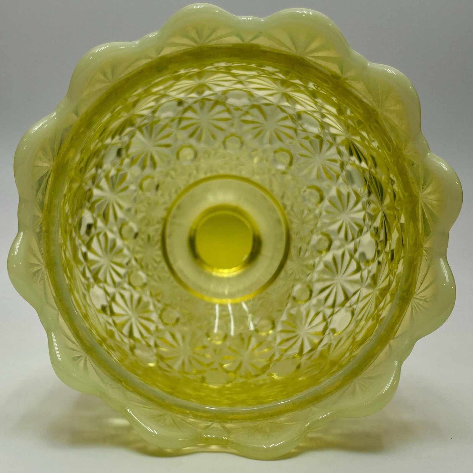 L.G. Wright Fenton Daisy Button Yellow Vaseline Uranium Opalescent Compote VTG