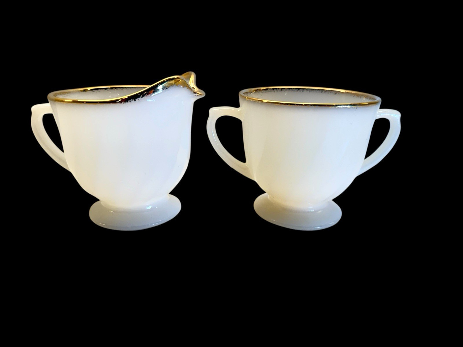 PRISTINE Fire-King Golden Anniversary Footed Sugar & Creamer Set Gold Trim VTG