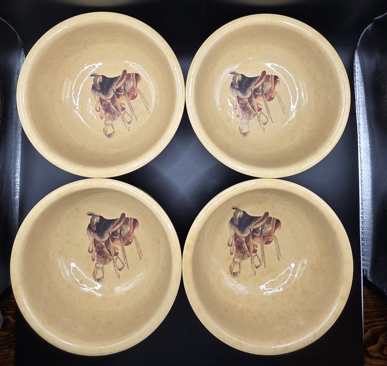 4 Eve Armson Signed Cowboy Living Soup/Cereal Bowl Saddle Barbwire Collection