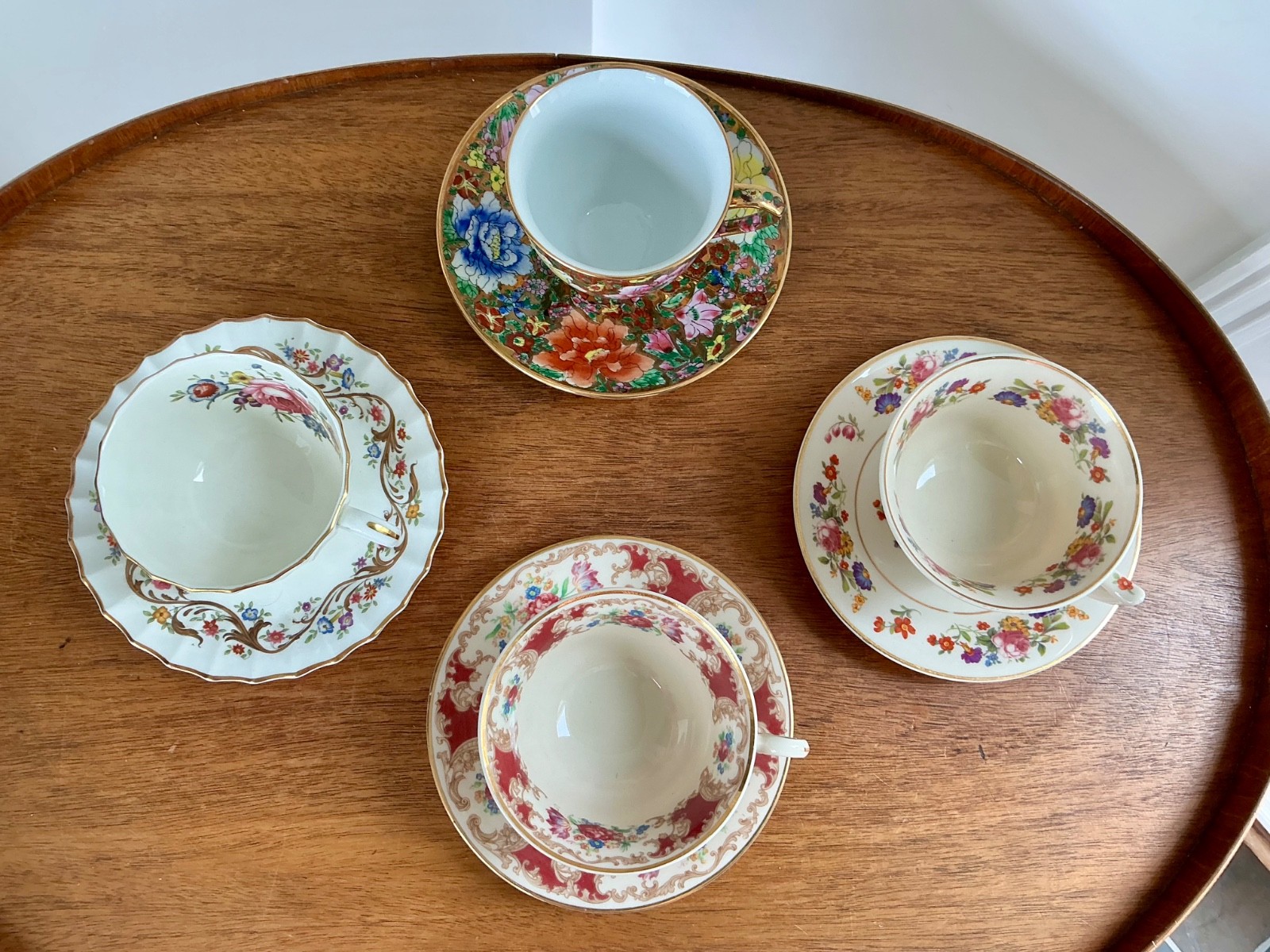 Mismatched China TEA CUPS and Saucers ~ Set of 4 ~ Colorful Set
