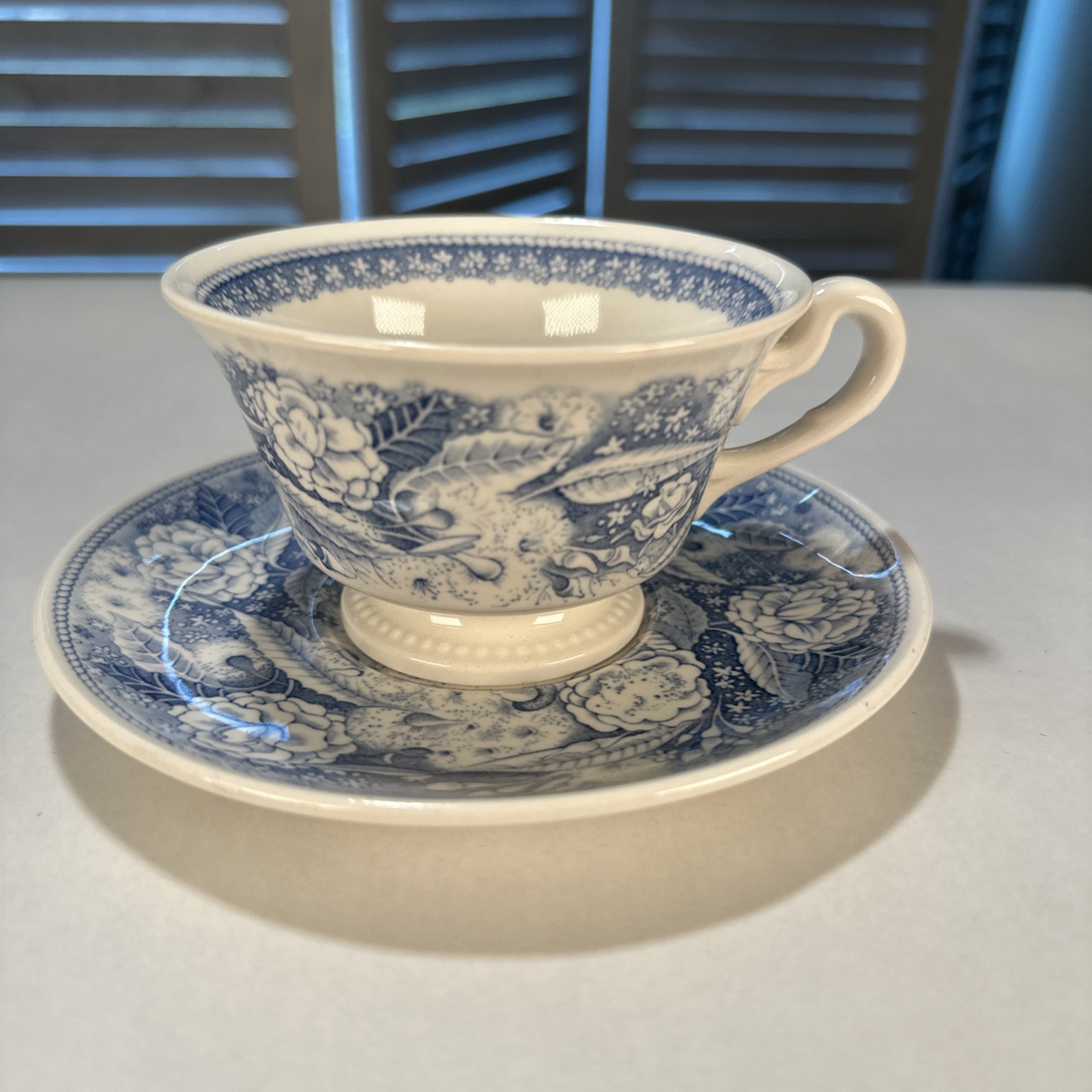 Vintage Wedgwood Pomona College Footed Cup & Saucer Blue White England