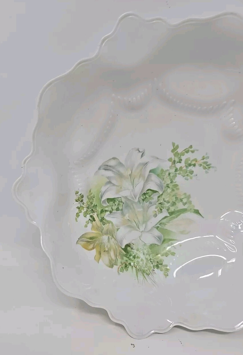 Antique RS Prussia Bowl — Lillies Decoration, Mold 252 11″