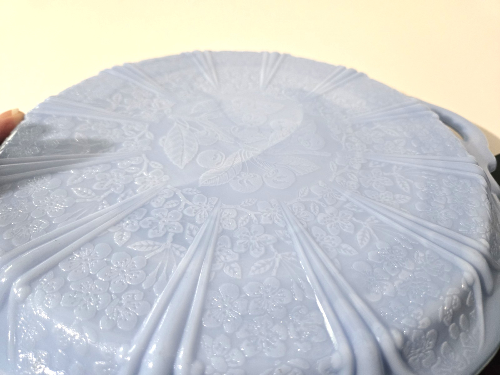 Vintage 1930s Jeannette Delphite Blue Glass Cherry Blossom Handled Tray Platter