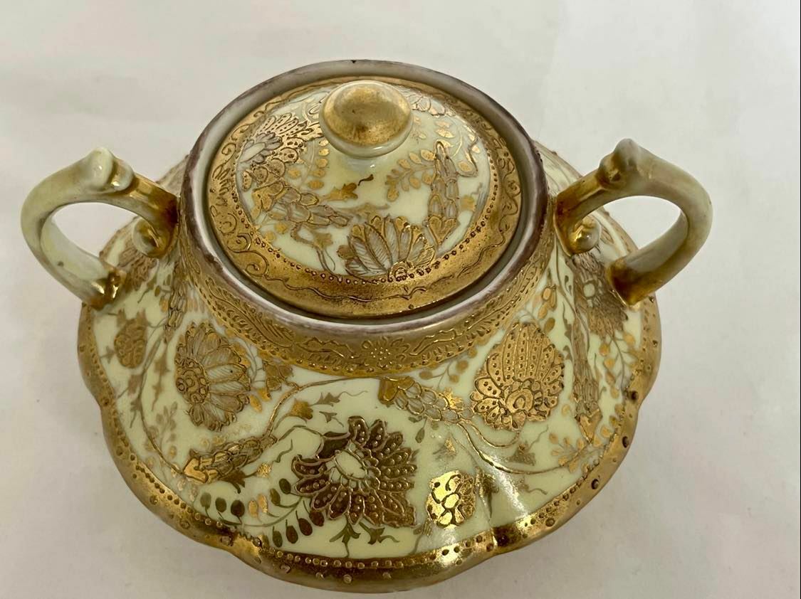 Vintage NIPPON Hand Painted Gold Encrusted Creamer and Sugar Bowl with Lid