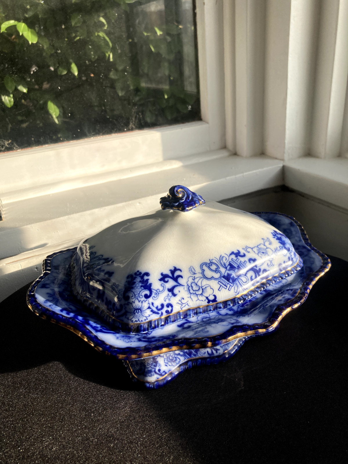 Antique Royal Doulton Flow Blue Oval Covered Vegetable Nankin Porcelain England