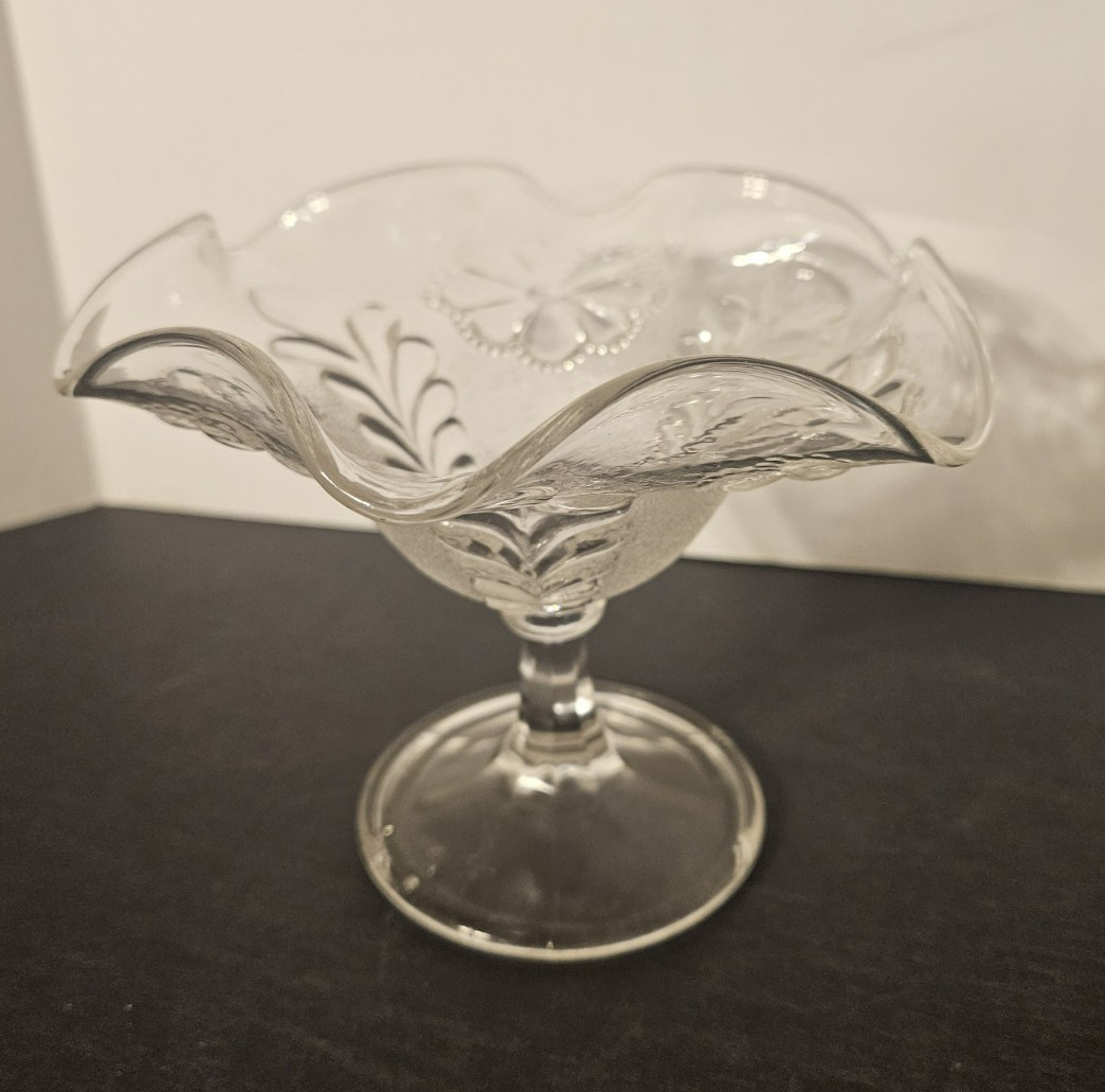 Ruffled Edge Clear Glass Candy Nut Floral Design Compote Dish 5″ H x6″ Diameter