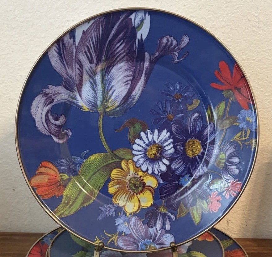MacKenzie Childs Lapis Blue Flower Market Dinner Plate 10” Enamel- New