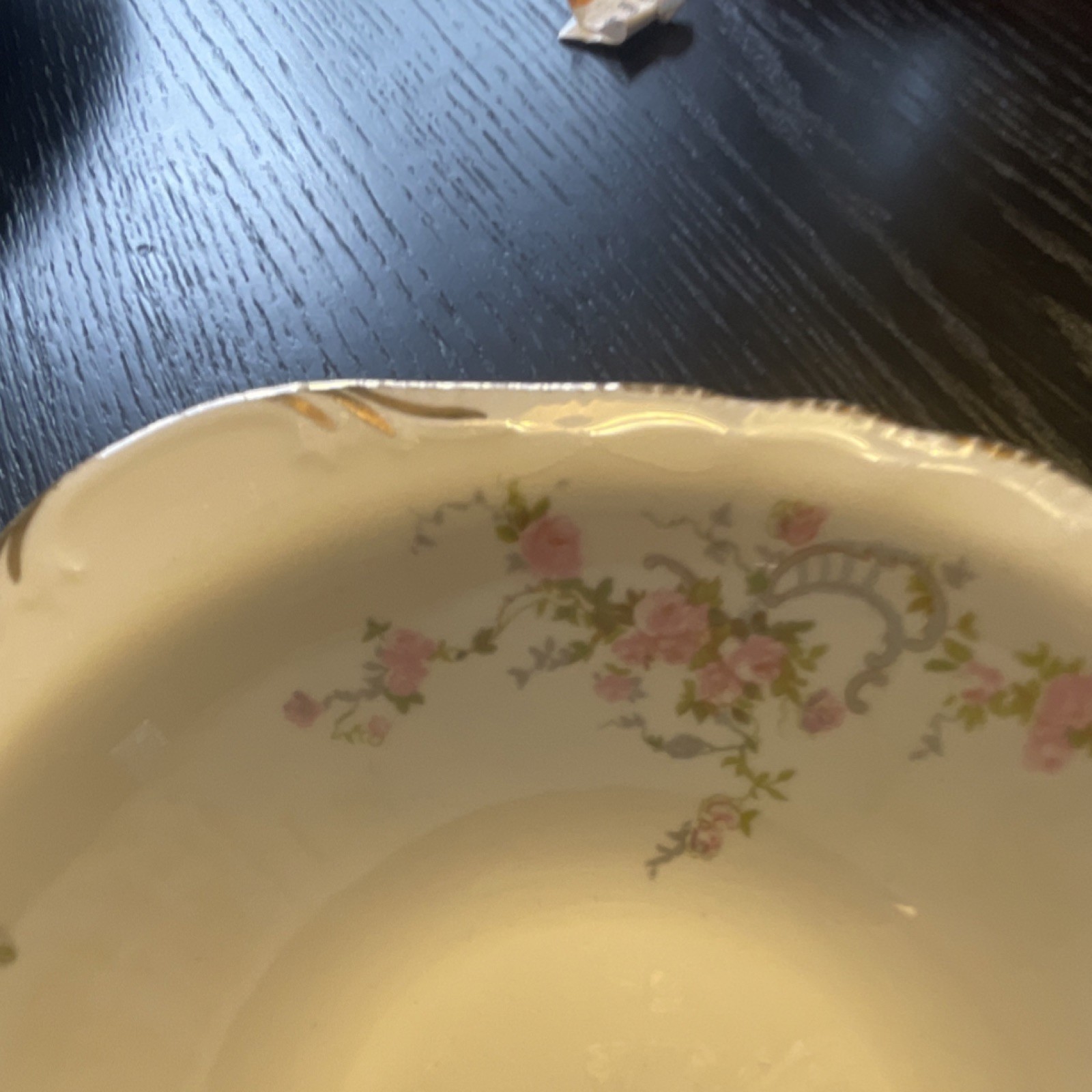 Porcelain Floral Decorative Bowl Gold Trim Oval Glossy White Pink Green Gold