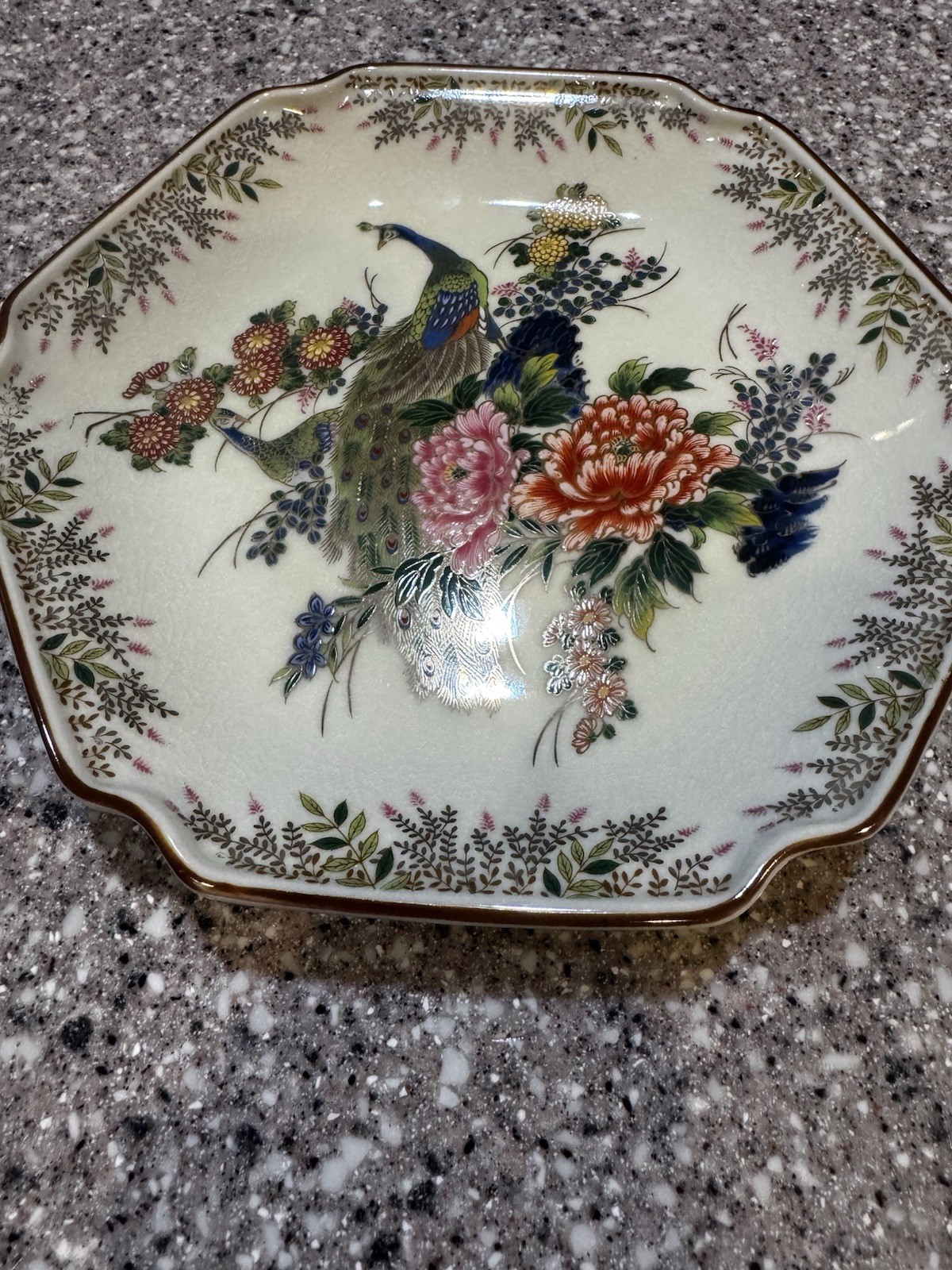 Vintage Hexagonal Plate PEACOCK Bird Floral Flower JAPAN Gold Trim 7.5″