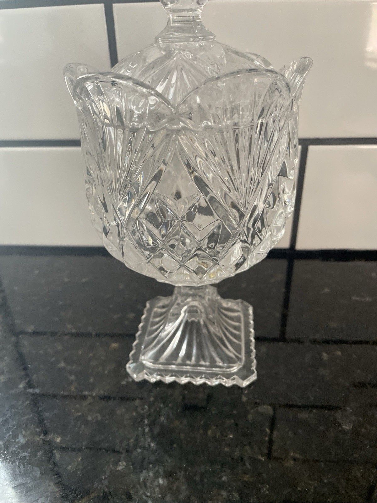 Shannon 24% Lead Crystal Pedestal Scalloped Top Candy Compote Makeup Dish Bowl