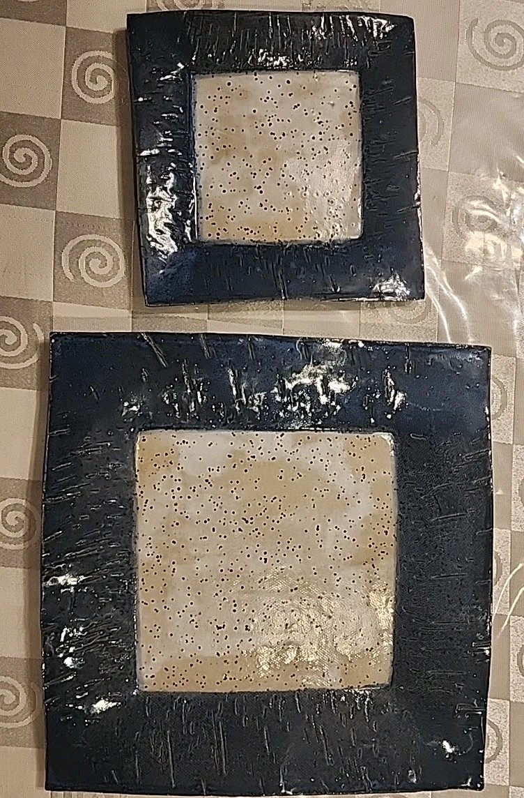 2 Studio Pottery Square Plates Hand Thrown Blue Tan Clay Stamped/Signed 9”, 5.6″