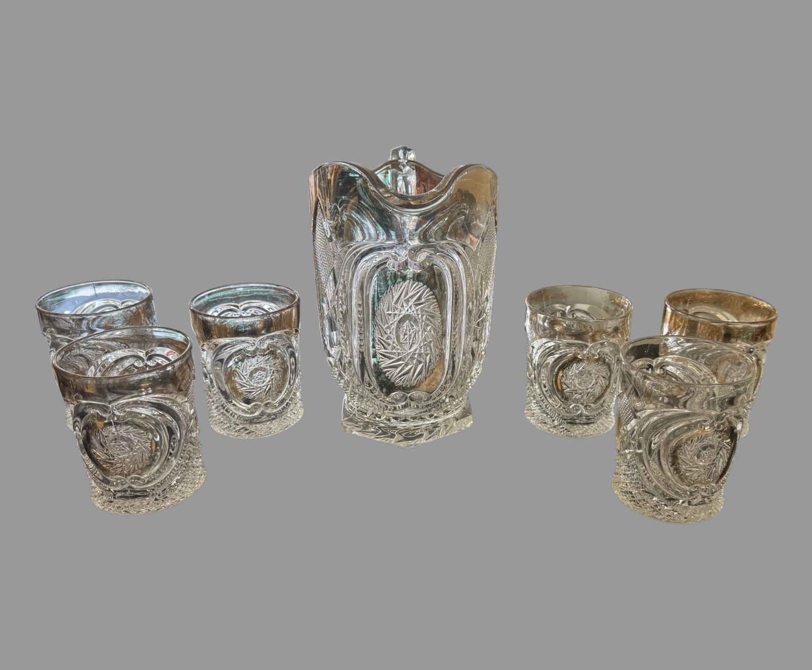 Vintage Pressed Cut Glass Water Set Pitcher & 6 Tumblers EAPG Crystal Barware