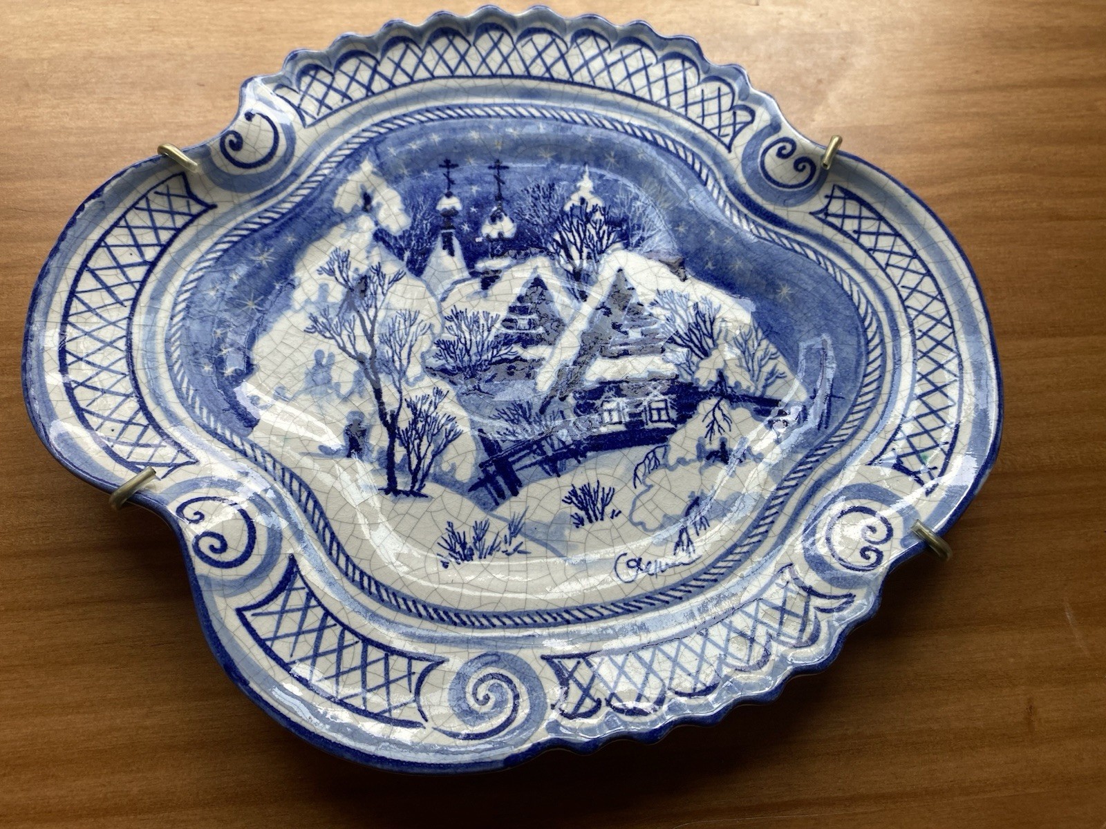 Vintage Blue & White Crackle Glaze Winter Village Decorative Wall Plate |