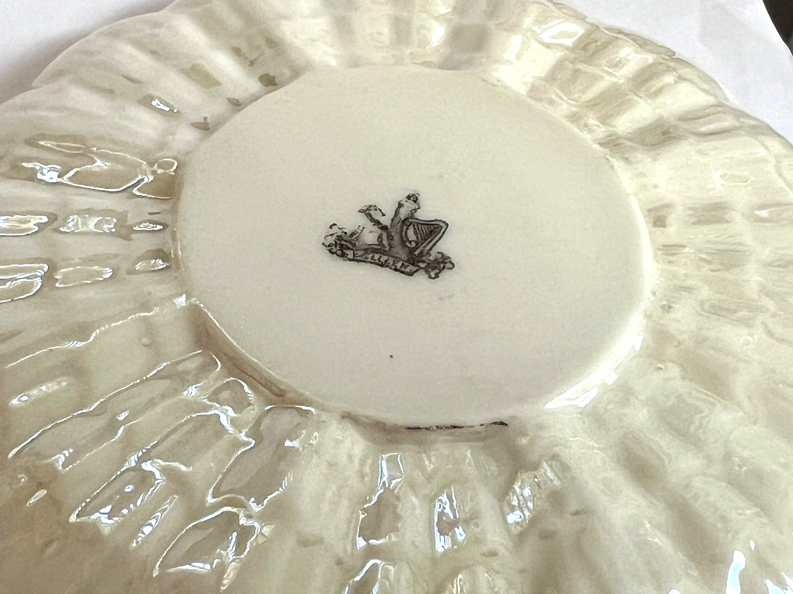 TRIO of IRISH BELLEEK Pink TRIDACNA Cup & Saucer & 7 1/2″ Plate – 1st Black Mark