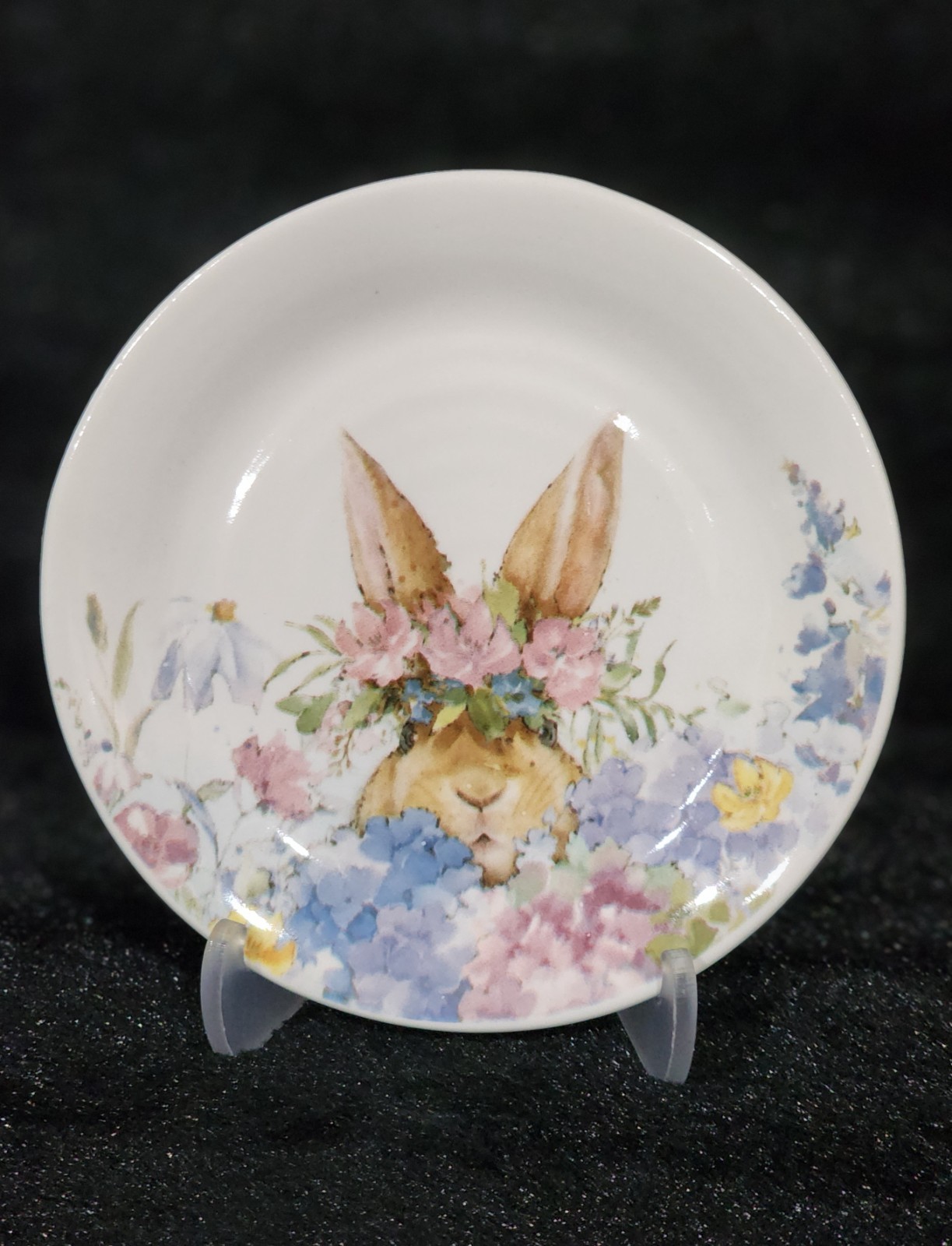 4 Watercolor Peeking Bunny Flowers Tidbit Plates 4″ Ceramic Easter Flower Crown