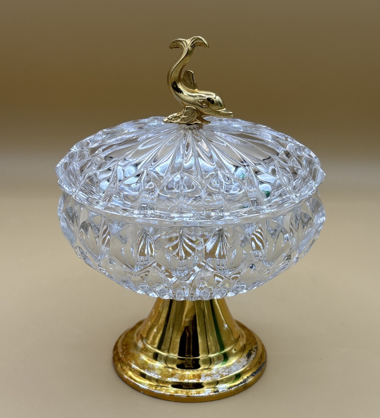 MCM West Germany Hand Cut Crystal Diamond Point Pedestal Compote Dolphin Finial