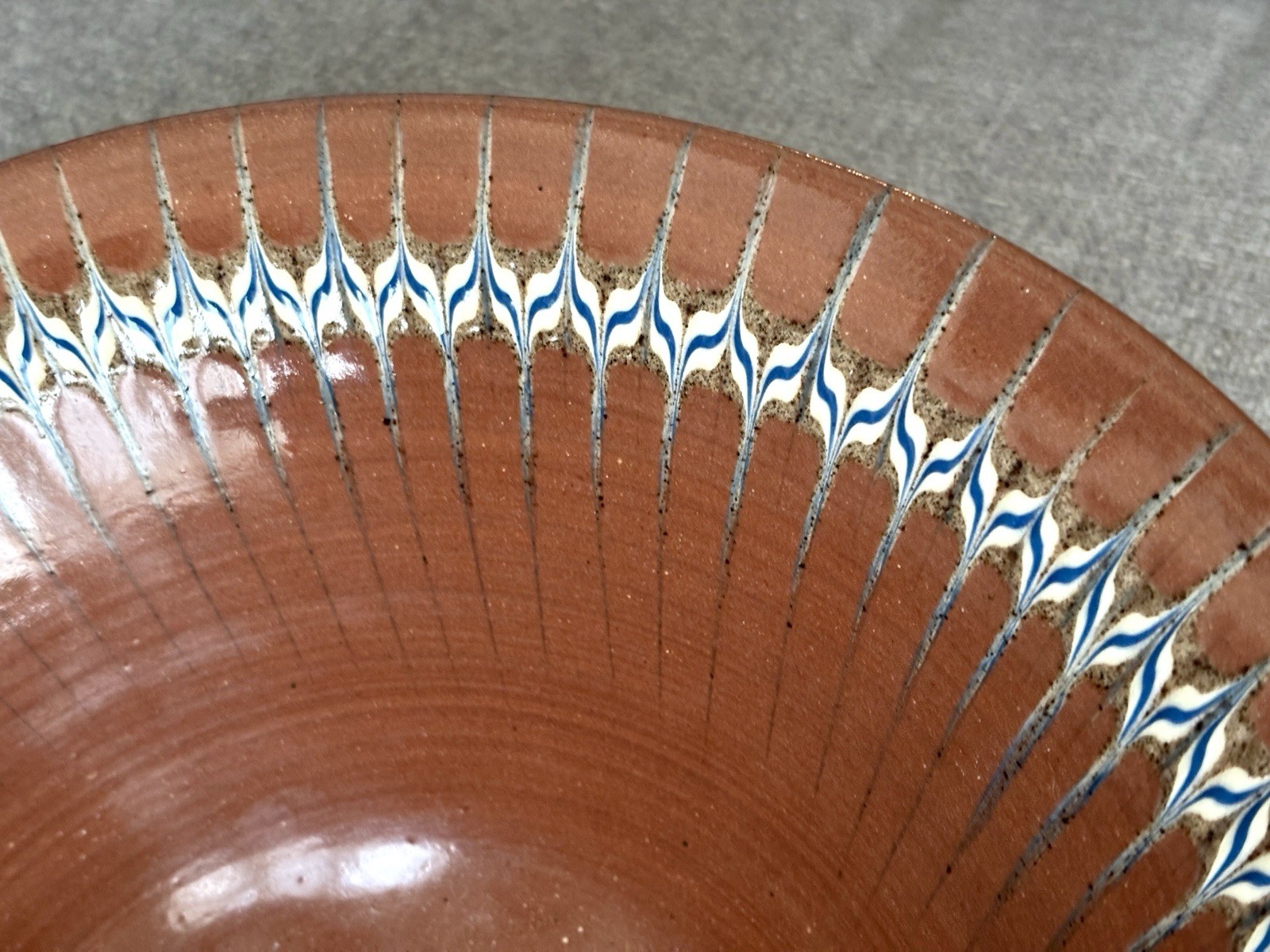 Handmade Painted Bowl 9.75” Earthenware Feather Pattern 1982 Signed James White
