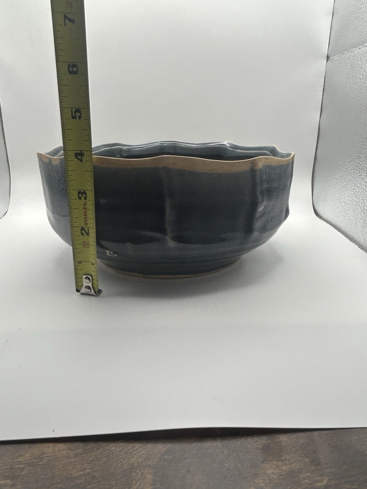 Studio Pottery Hand Crafted Tan & Blue Drip Glaze Stoneware Ceramic Bowl USA