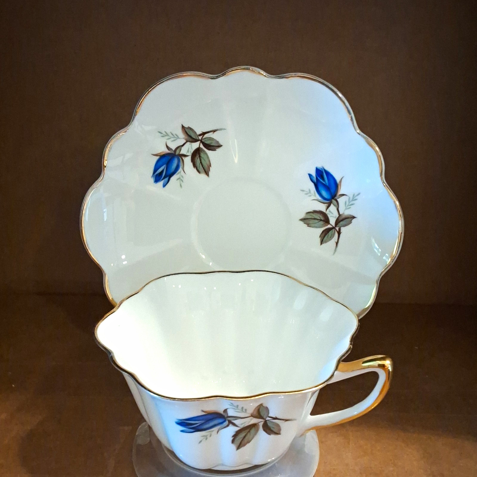 Shelley Blue Rose Stratford Tea Cup & Saucer Set 2pc Gold Trim