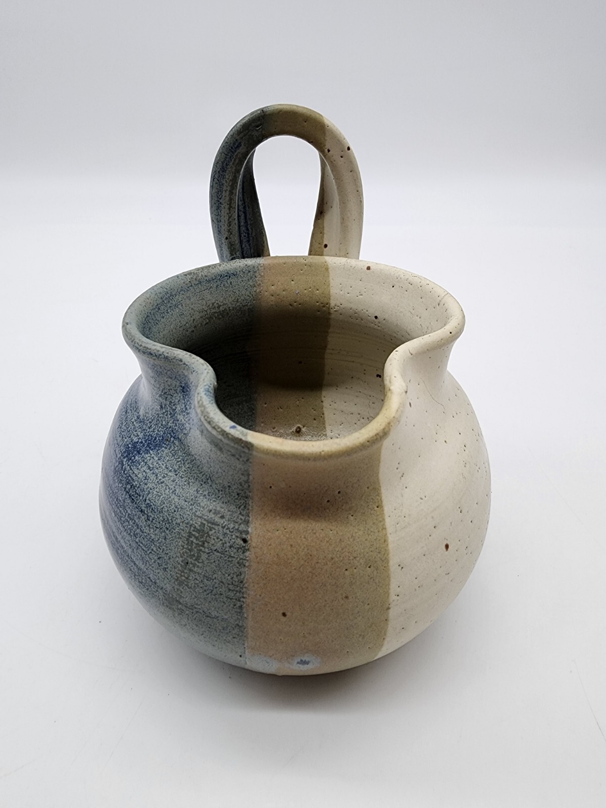 Art Pottery Small Pitcher creamer Signed Blue Tan white unique Shape