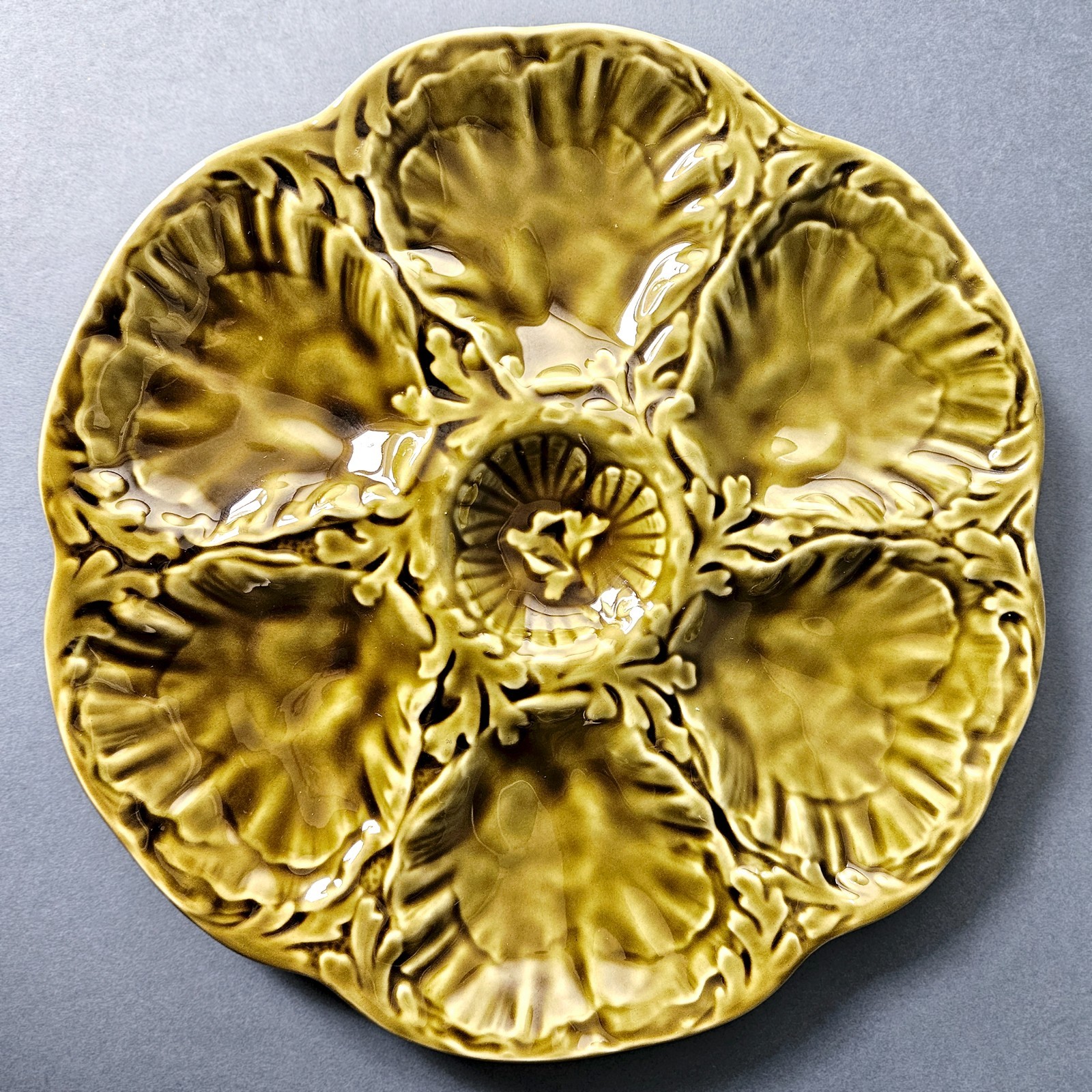 Vintage Yellowish Brown Olive Green French Majolica Oyster Plate by Gien