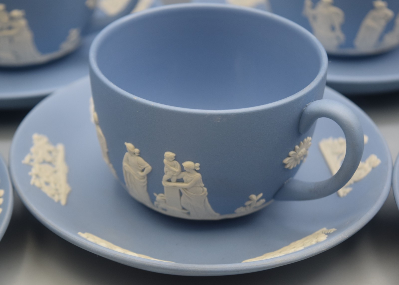 6 SETS WEDGWOOD BLUE JASPERWARE CUPS AND SAUCERS NEOCLASSICAL MYTHOLOGY