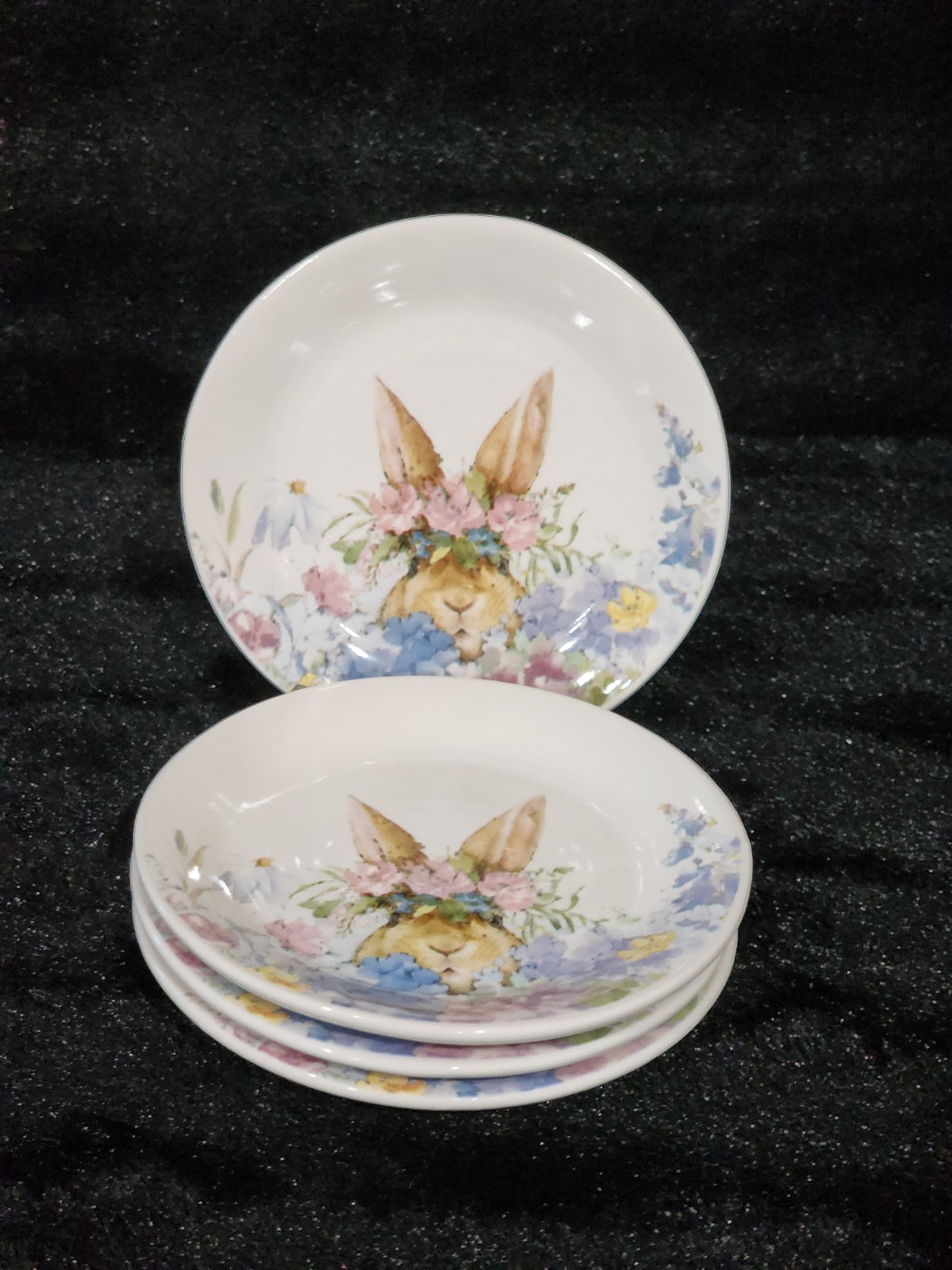 4 Watercolor Peeking Bunny Flowers Tidbit Plates 4″ Ceramic Easter Flower Crown