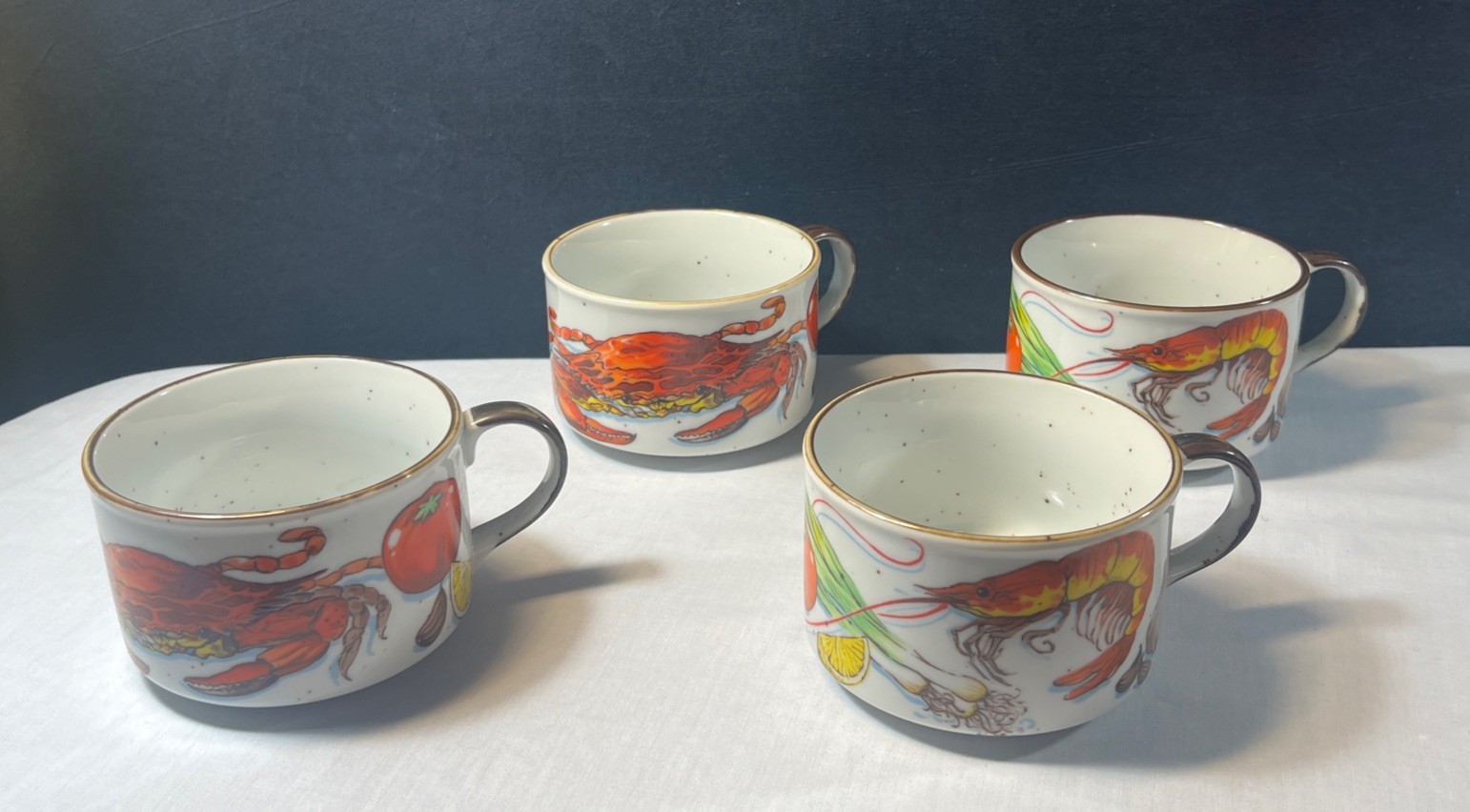 Vintage Set Of 4 D.H. Holmes Mixed Crab, Crawfish/Shrimp Handled GUMBO BOWLS
